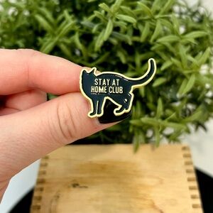 Brand New Black & Gold Metal & Enamel Kitschy “Stay At Home Club” Cat Pin